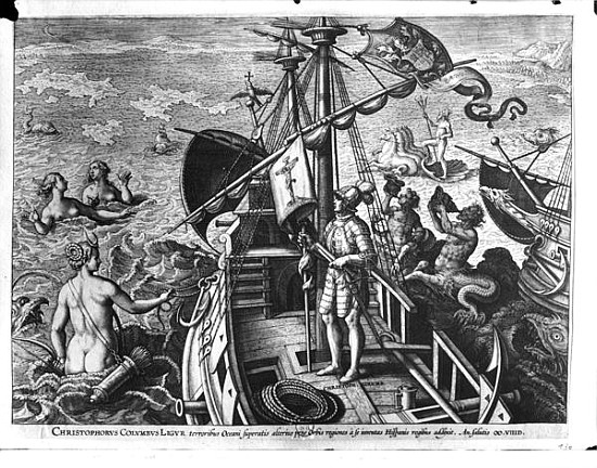 Christopher Columbus (1451-1506) on board his caravel, discovering America van (after) Jan van der (Joannes Stradanus) Straet