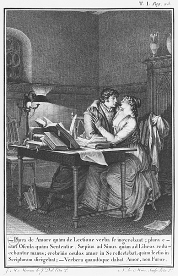 Heloise and Abelard in their study, illustration from ''Lettres d''Heloise et d''Abelard'', volume I van (after) Jean Michel the Younger Moreau