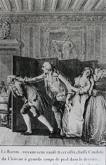 Le Baron...chassa Candide du Chateau a grands coups de pied dans le derriere'', illustration from ch van (after) Jean Michel the Younger Moreau