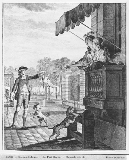 Taking up a bet; engraved by Camligue (fl.1785) c.1777 van (after) Jean Michel the Younger Moreau