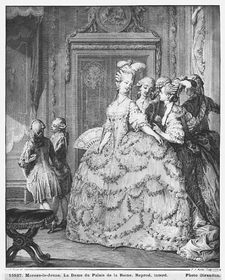 The lady at the Palais de la Reine; engraved by Pietro Antonio Martini (1739-97) van (after) Jean Michel the Younger Moreau