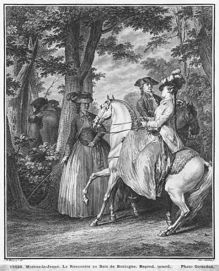 The meeting at the Bois de Boulogne; engraved by Heinrich Guttenberg (1749-1818) c.1777 van (after) Jean Michel the Younger Moreau