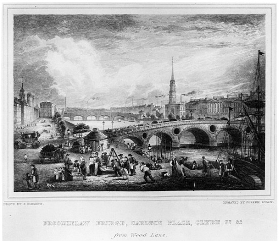 Broomielaw Bridge, Carlton Place, Clyde St., Glasgow; engraved by Joseph Swan van (after) John Fleming