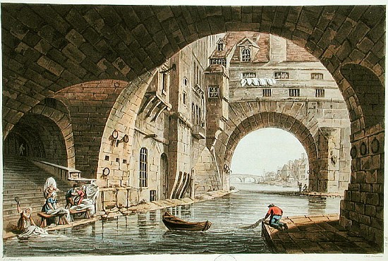 The Washing Place of the Hotel-Dieu and the Pont de la Tournelle; engraved by I. Hill van (after) John Claude Nattes