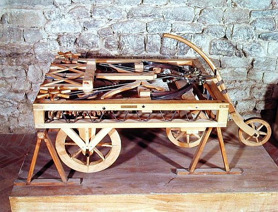 Model of a car driven springs, made from one of Leonardo''s drawings van (after) Leonardo da Vinci