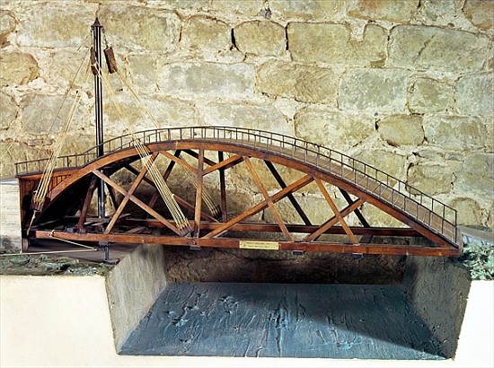 Model of a swing bridge made from one of Leonardo''s drawings van (after) Leonardo da Vinci