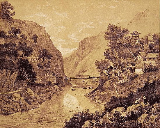 Suspension Bridge at Lao-Oua-Tan, Plate 46, from ''Exploration de l''Indochine, Vol.II''; engraved b van (after) Louis Delaporte
