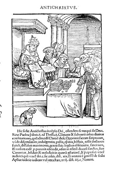 The Pope selling Indulgences from ''Passional Christi und Antichristi'' Philipp Melanchthon, publish van Lucas  Cranach