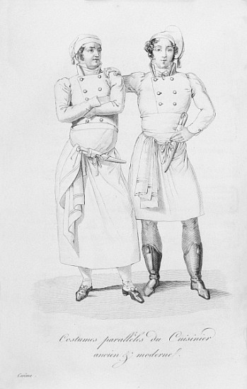 Costumes of cooks from different eras, from ''Le Maitre d''Hotel francais'' Marie Antoine Careme, pu van (after) Marie Antoine Careme