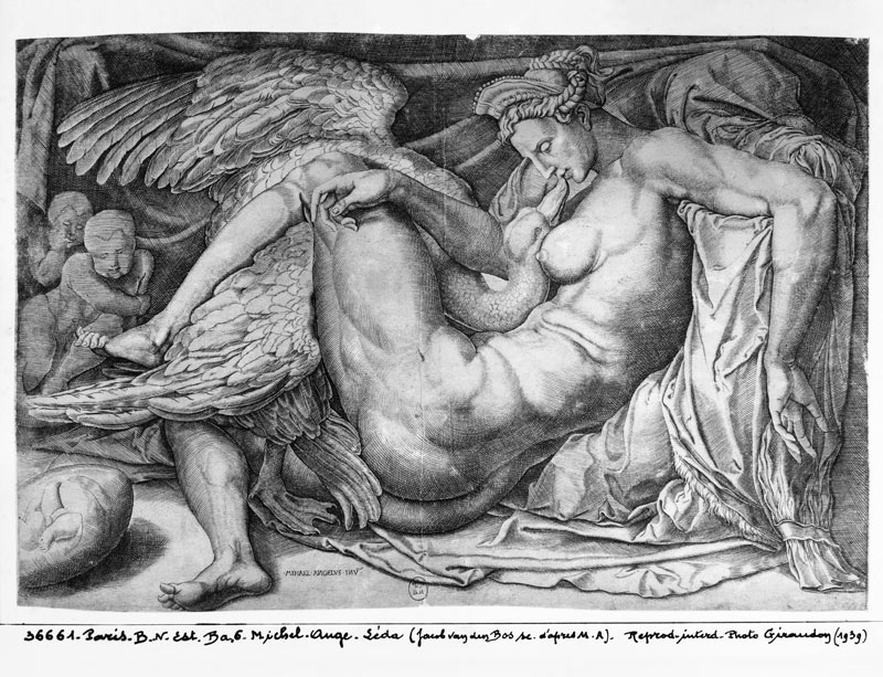 Leda; engraved by Jacobus Bos, Boss or Bossius (b.c.1520) van (after) Michelangelo Buonarroti