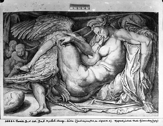 Leda; engraved by Jacobus Bos, Boss or Bossius (b.c.1520) van (after) Michelangelo Buonarroti