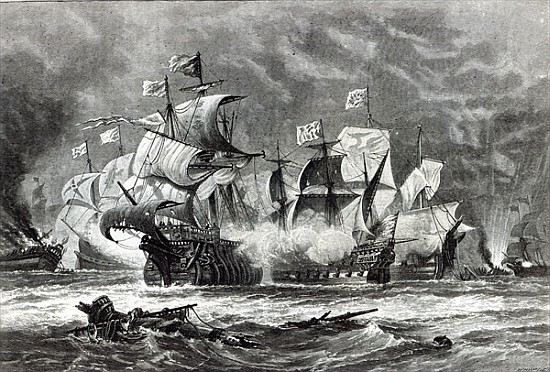 The Vanguard, under Sir William Winter, engaging the Spanish Armada, from ''Leisure Hour'' van (after) Oswald Walter Brierly