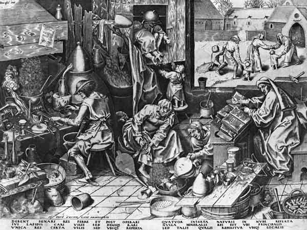 The Alchemist at work; engraved by Hieronymus Cock (c.1510-70)