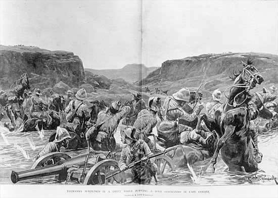 Yeomanry surprised in a drift while pursuing a Boer Commando in Cape Colony van (after) Richard Caton II Woodville
