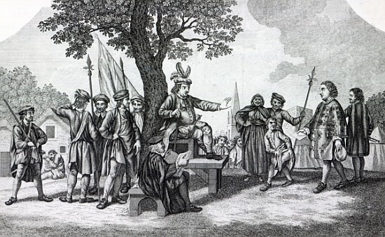 Robert Kett seated under the ''Tree of Reformation'' receiving the King''s messenger van (after) Samuel Wale