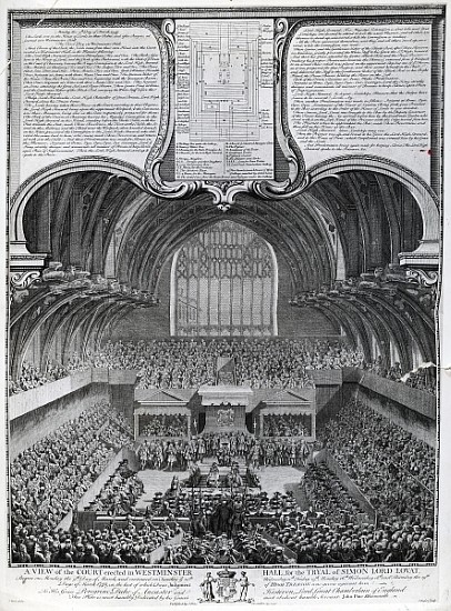 Trial of Simon Fraser, Lord Lovat, in Westminster Hall; engraved by James Basire van (after) Samuel Wale