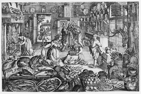 Kitchen scene in the early seventeenth century van (after) Schelte Adams Bolswert