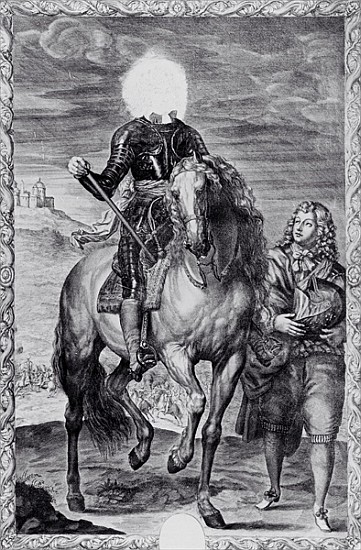 Defaced equestrian portrait of Charles I; engraved by Pierre Lombart van (after) Sir Anthony van Dyck