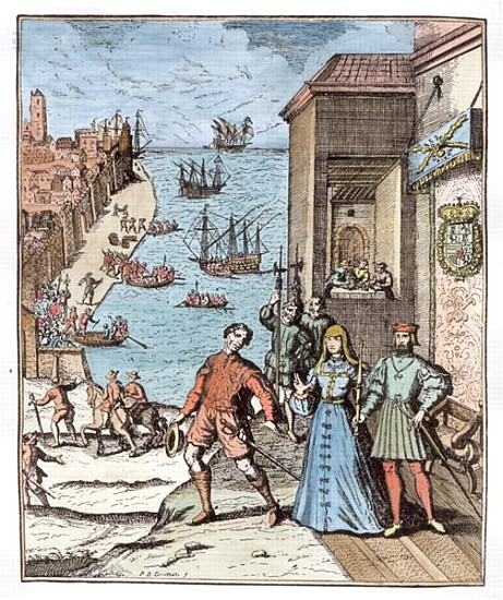Parting of Columbus with Ferdinand and Isabella, from ''Narrative and Critical History of America'', van (after) Theodore de Bry