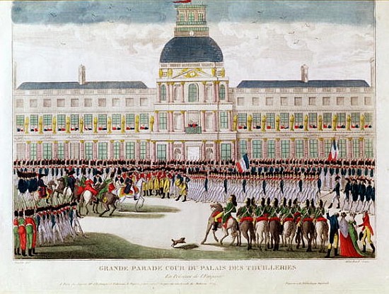 Parade in the Courtyard of the Palais des Tuileries in the Presence of the Emperor; engraved by Blan van (after) Thomas Naudet