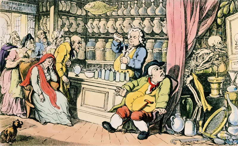 ''Death and the Apothecary'' or ''The Quack Doctor'', illustration from ''The English Dance of Death van (after) Thomas Rowlandson