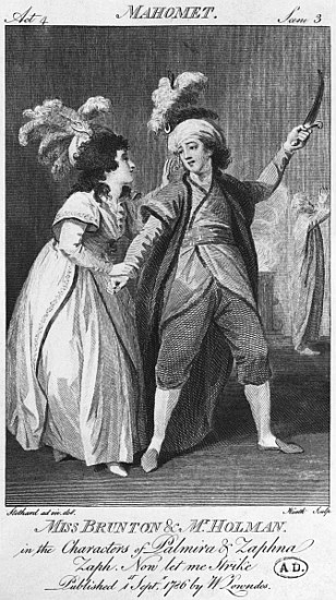 Miss Brunton and Mister Holman as Palmira and Zaphna, illustration from Act IV, Scene 3, of ''Le Fan van (after) Thomas Stothard
