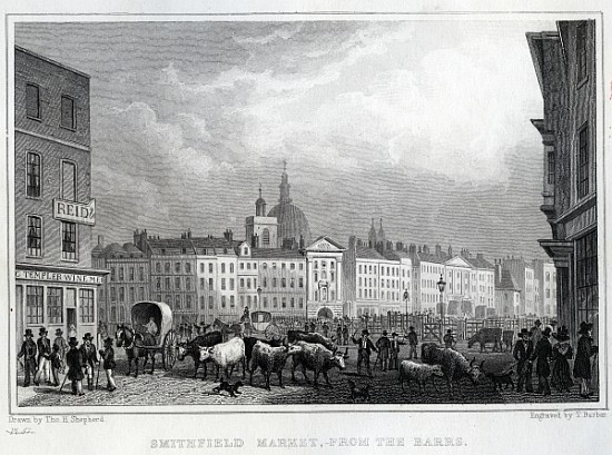 Smithfield Market from the Barrs; engraved by Thomas Barber, c.1830 van (after) Thomas Hosmer Shepherd