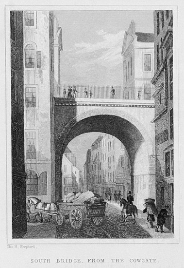South Bridge from the Cowgate, Edinburgh ; engraved by William Watkins van (after) Thomas Hosmer Shepherd