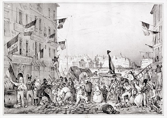 Barricade at the Rue Dauphine, 29th July 1830; engraved by H. Delaporte van (after) Victor Adam
