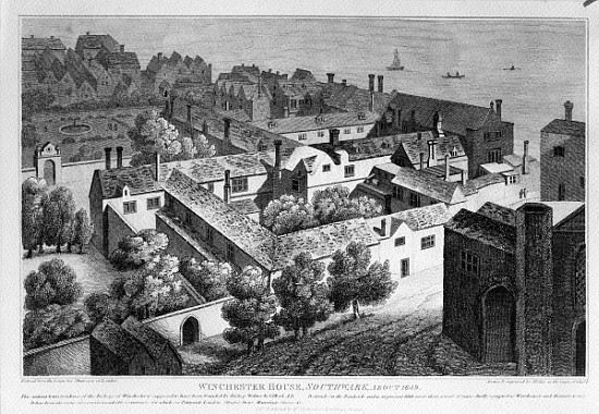 Winchester House, Southwark in about 1649, published in 1812 van (after) Wenceslaus Hollar