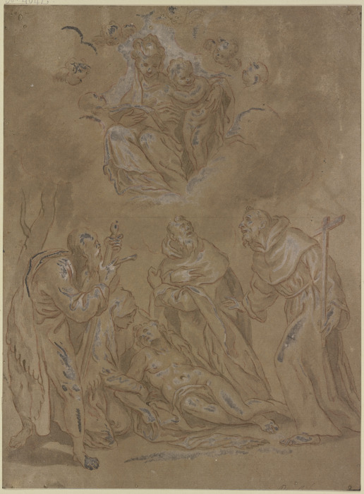 Vier Heilige, einer nackt am Boden liegend, von einer Frau gestützt, über ihnen die Madonna mit dem  van Agostino Carracci