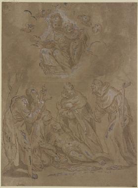 Vier Heilige, einer nackt am Boden liegend, von einer Frau gestützt, über ihnen die Madonna mit dem 