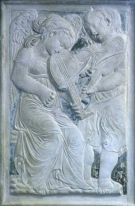 Two putti playing lutes, from the frieze of musical angels in the Chapel of Isotta degli Atti van Agostino  di Duccio
