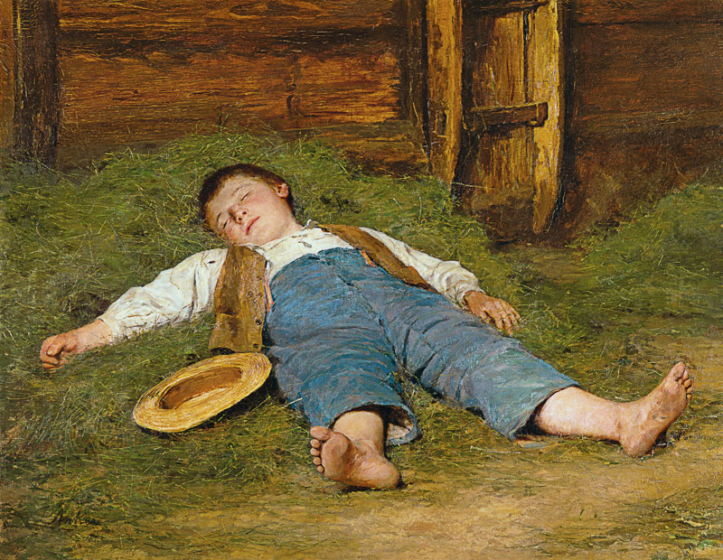 Slapende jongen in het hooi  van Albert Anker