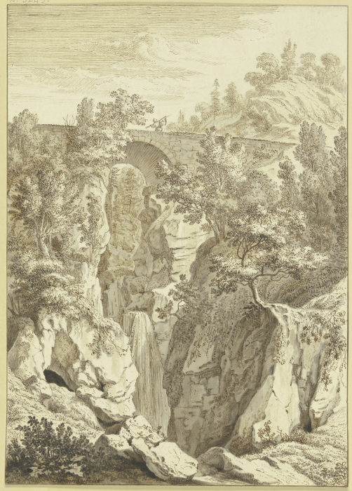 Wasserfall, über welchen eine Steinbrücke führt van Albert Meyeringh