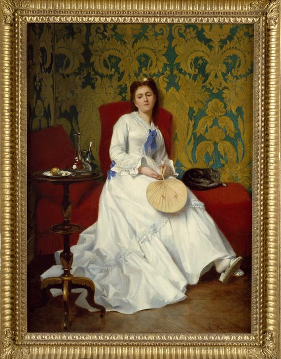Lady in white with fan van Albert Roosenboom