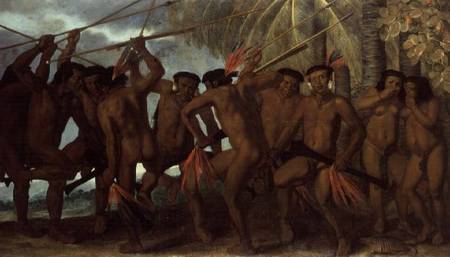 Tapuya men of North Eastern Brazil in war dance van Albert van der Eeckhout