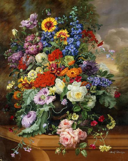 Still Life with Roses, Delphiniums, Poppies, and Marigolds on a Ledge