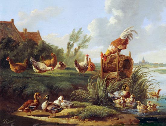 Ducks and Fowl on a Riverbank van Albertus Verhoesen