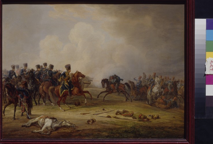 An attack of Austrian Hussars on the French battery van Albrecht Adam