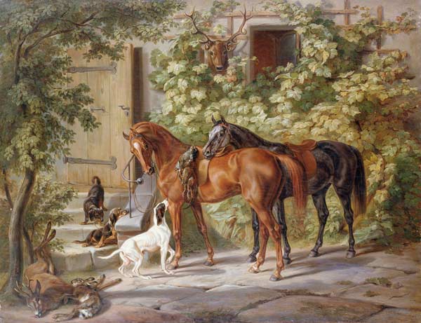 Horses at the Porch van Albrecht Adam