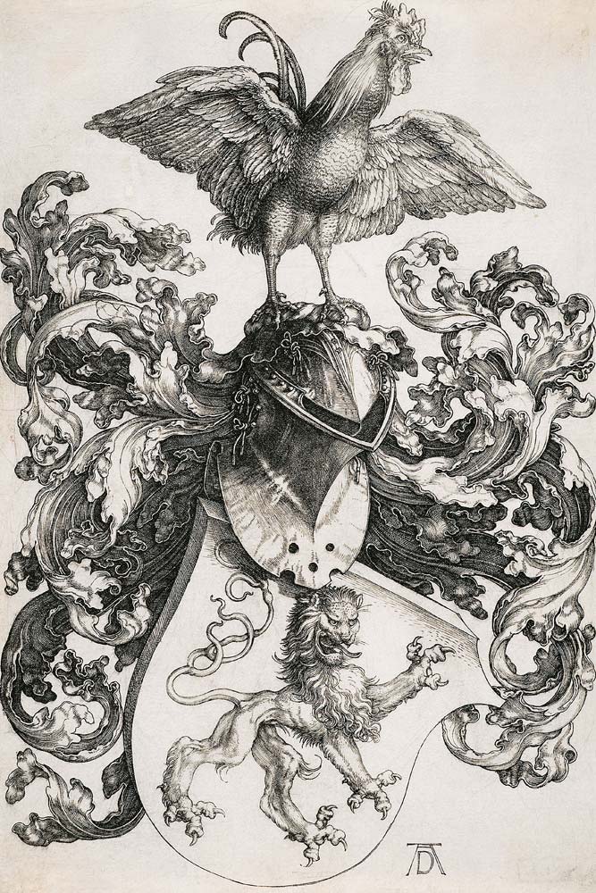 Coat of Arms with a Lion and a Cock van Albrecht Dürer
