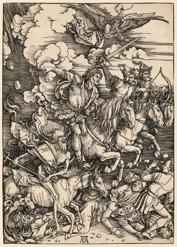 Die apokalyptischen Reiter, aus der Folge der Apokalypse, Einzeldruck vor dem Text van Albrecht Dürer