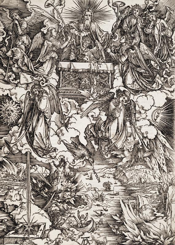 Die sieben Posaunenengel, aus der Folge der Apokalypse, Latein-Ausgabe 1511 van Albrecht Dürer