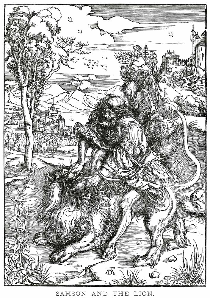 Samson defeats the Lion/ Duerer/ 1496/97 van Albrecht Dürer