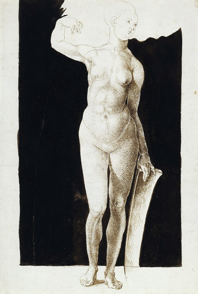 Proportion study of female nude with a shield van Albrecht Dürer