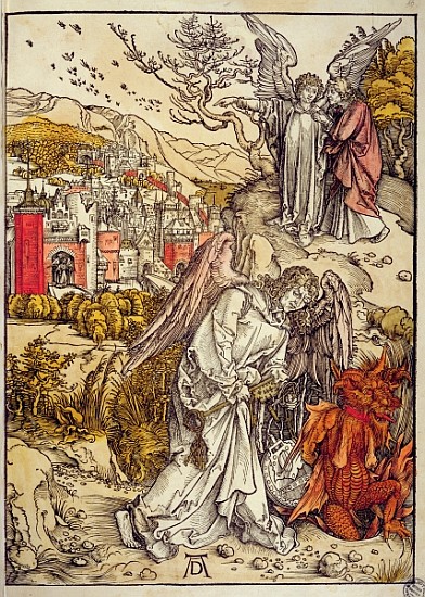 Angel with the Key of the Abyss, 1498 (colour woodcut) van Albrecht Dürer