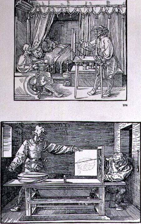 Apparatus for translating three-dimensional objects into two-dimensional drawings, two scenes from t van Albrecht Dürer