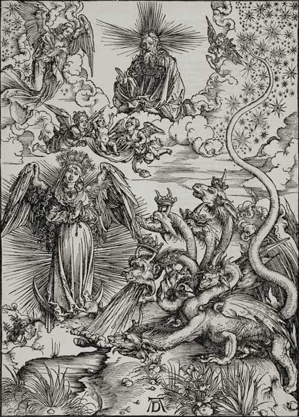 Das Sonnenweib und der siebenköpfige Drache, Apokalypse IX van Albrecht Dürer