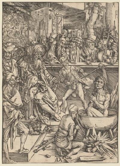 Die Marter des Evangelisten Johannes, aus der Folge der Apokalypse, Urausgabe Deutsch 1498
